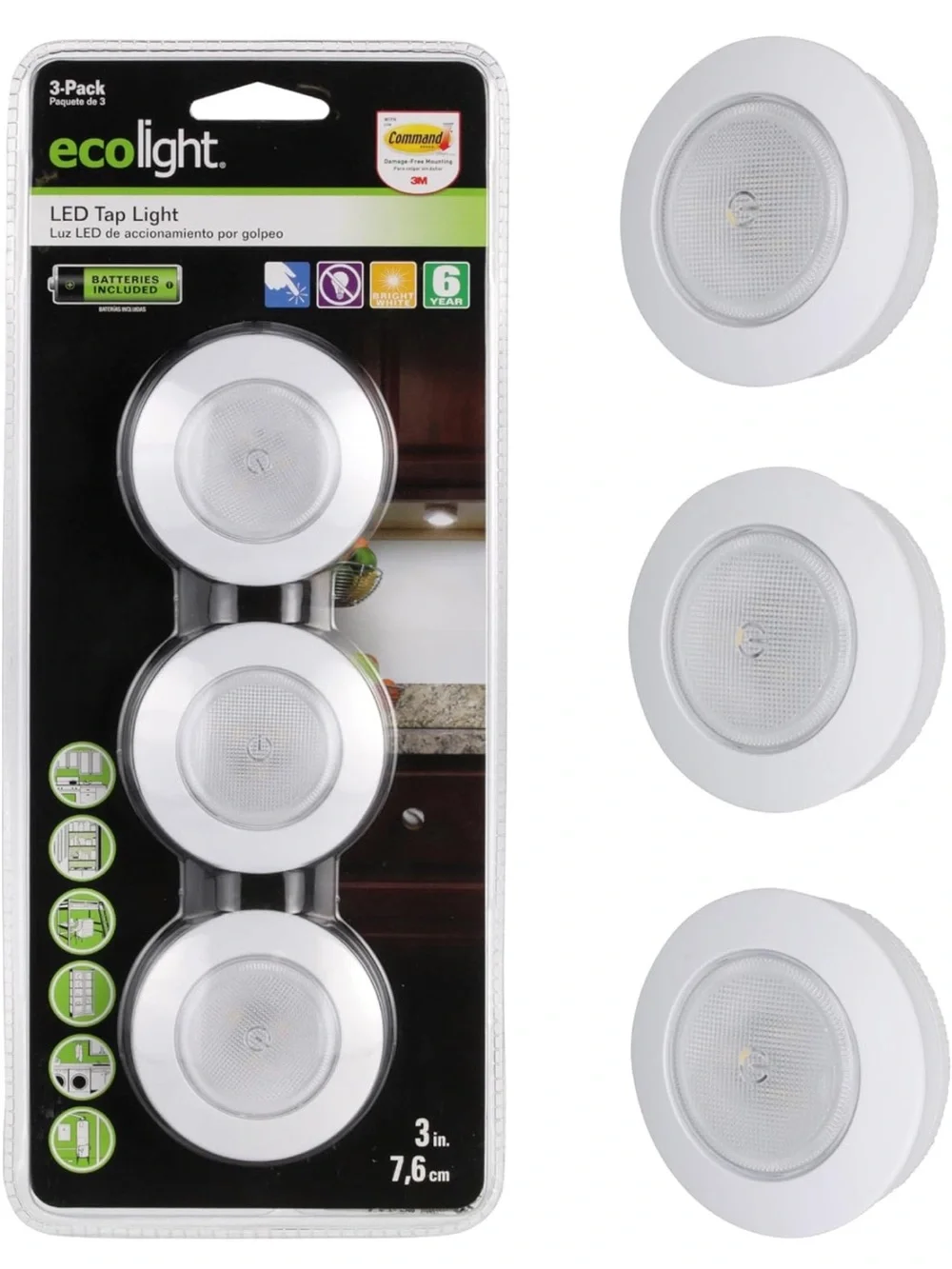 White ecolight LED Tap Lights - 2–3 Packs.